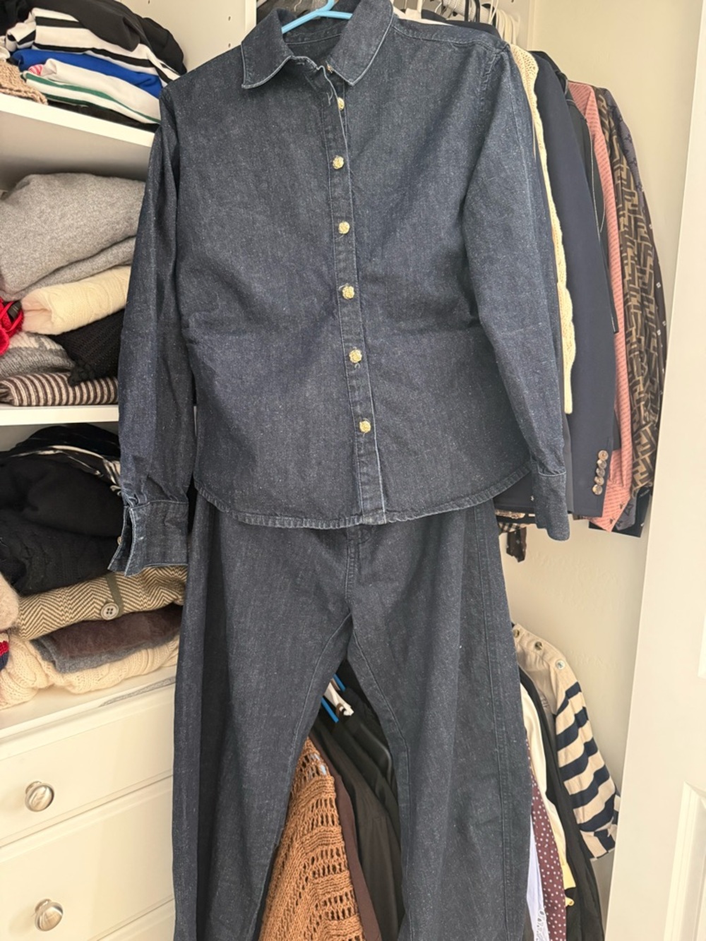 Zara collection Dark Indigo Denim Button-Up Shirt & barrel Leg Pants Set Sz XL